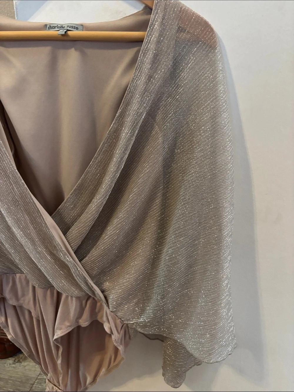 Charlotte Russe Taupe Shimmer Wrap Off-the-Shoulder Sweater Bodysuit
